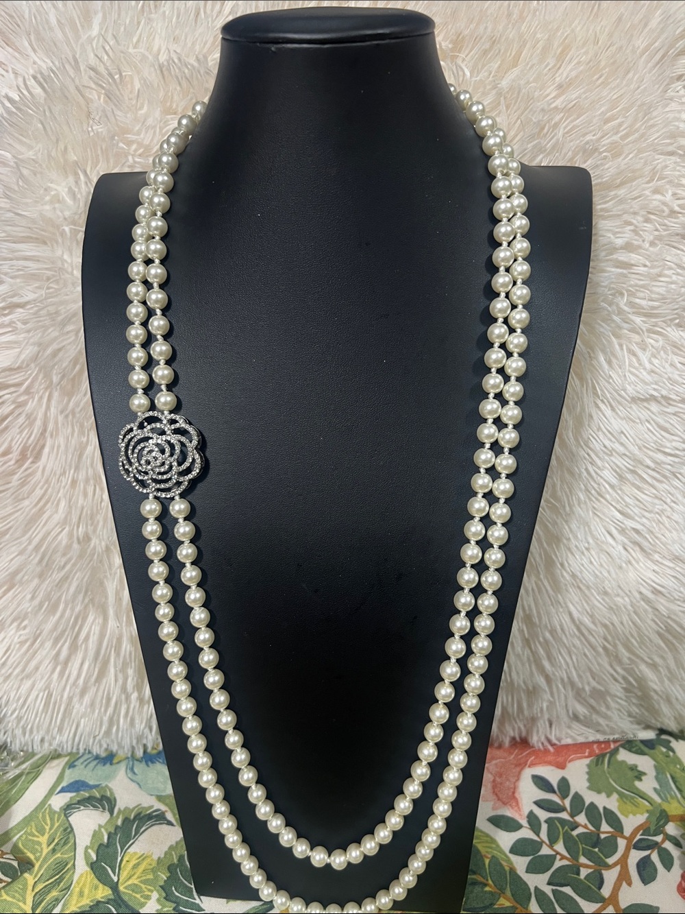 Classic Ivory Pearl Long Necklace with Crystal Flower Accent